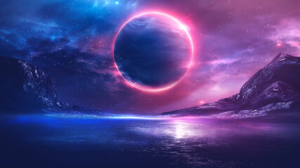 Wall Mural - futuristic fantasy landscape, sci-fi landscape with planet, neon light, cold planet. 3d illustration