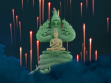 Fototapeta  - naga fire balls, Buddha protected by hood of mythical king naga night sky