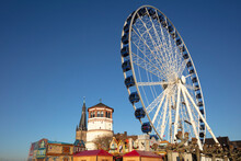 Germany, North Rhine-Westphalia, Dusseldorf, Low Angle View Of Ferris Wheel Against Clear Blue Sky