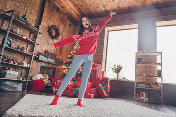 Poster - Photo of shiny carefree young lady wear red pullover smiling celebrating christmas indoors house home room