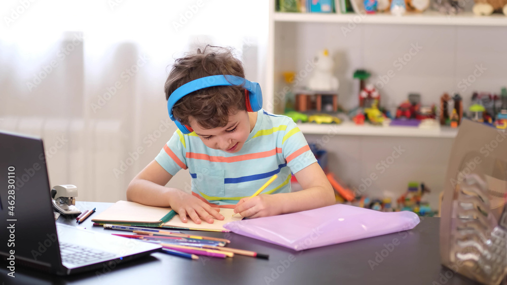 Study From School Learn on your schedule. Distance learning online education. A schoolboy ...