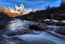 Mount Fitz Roy And River In Autumn, El Chalten, Patagonia, Argentina