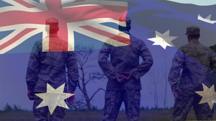 Poster - Animation of flag of australia over diverse male soldiers