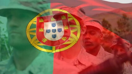 Poster - Animation of flag of portugal over diverse male soldiers