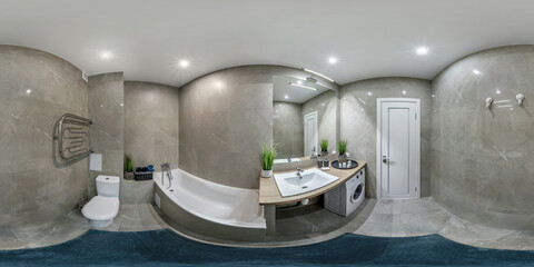 Sticker - seamless 360 hdri panorama in interior of expensive bathroom in modern flat apartments with toilet and washbasin in equirectangular projection with zenith and nadir. VR AR content