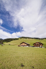 Poster - Vertical view of rural land of Dolomites landscape under a blue cloudy sky on a sunny day, Italy