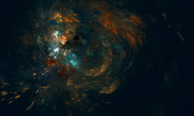 Wall Mural - Artistic cosmic infinity 3d representation, splash and vortex of digital orange blue paint in deep darkness. Great as background, cover for electronic devices designs, print or artwork. 