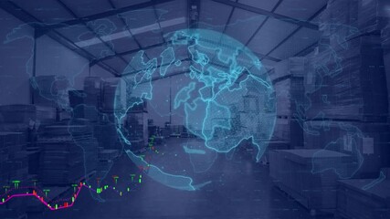 Poster - Animation of globe and digital interface with data processing over warehouse