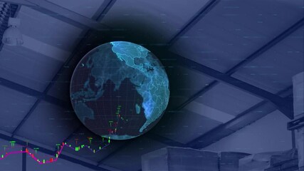 Poster - Animation of globe and digital interface with data processing over warehouse