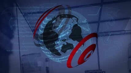 Poster - Animation of globe and digital interface with data processing over warehouse