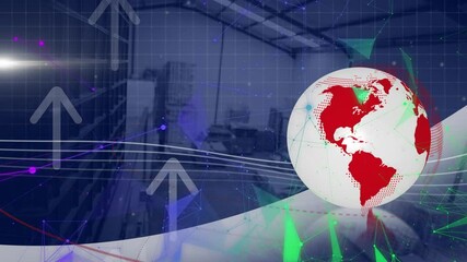 Poster - Animation of globe and digital interface with data processing over warehouse