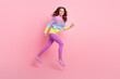 © deagreez - Full size profile side photo of young cheerful lady go runner fast jumper air isolated over pastel color background