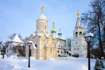 Pavlovskaya Sloboda, Russia - January, 2021: Exterior of the Temple complex