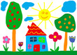© Wolfgang Weinhaeupl/Westend61 - Child's drawing, sun, house and garden
