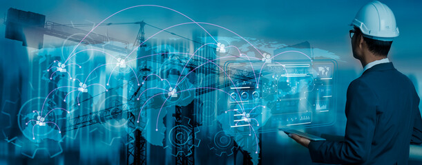 Future building construction engineering and technology project concept. double exposure graphic with engineer using digital tablet and smart industry and IOT software to control operation.