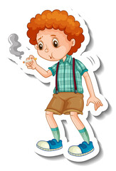 Wall Mural - Sticker template with a boy smoking cartoon character isolated