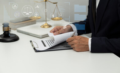 Concepts of Law and Legal services. Lawyer working with law interface icons. Blurred background.	