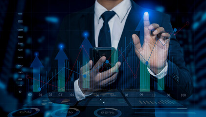 Businessman hands touching on network and digital finance marketing chart and future technology background	