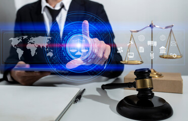 Concepts of Law and Legal services. Lawyer working with law interface icons. Blurred background.