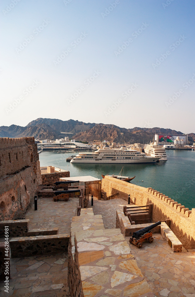 Matrrah Fort Matrah, view towards harbour, Al Said, private yacht of the ...