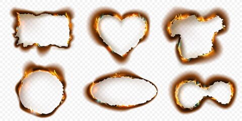 Burnt paper frames with charred edges and fire flames effect. Realistic circle, rectangle and heart shaped burning ash torn holes vector set