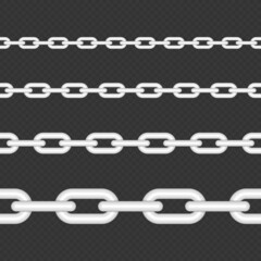 Collection of seamless silver metal chains. Metal chain links in realistic style. Different length elements. Silver metallic Chains texture isolated on transparent background. Vector EPS 10.