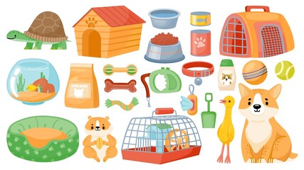 Wall Mural - Cartoon pet food, accessories, care items, toys and treats. Animal shop supplies, collar, dog grooming, hamster cage and aquarium vector set