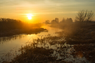 Wall Mural - morning fog over the river red dawn