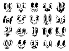 Retro 30s Cartoon Mascot Characters Funny Faces. 50s, 60s Old Animation Eyes And Mouths Elements. Vintage Comic Smile For Logo Vector Set