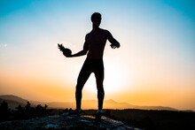 Silhouette Of Man Holding Pineapple While Standing On Rock