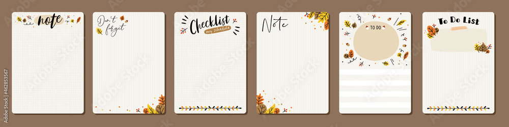 Set of planners and to do list with hand drawn autumn leaves. Template ...