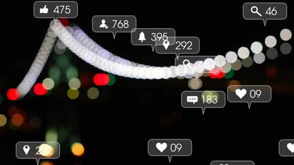 Poster - Animation of social media icons and numbers over out of focus city lights