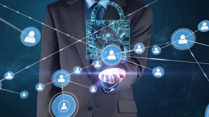 Poster - Animation of network of connections with icons, digital padlock and businessman