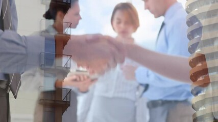 Canvas Print - Animation of businessman handshake over cityscape