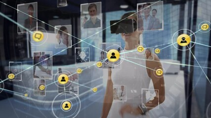Poster - animation of network of connections with icons and photographs over businesswoman wearing vr headset