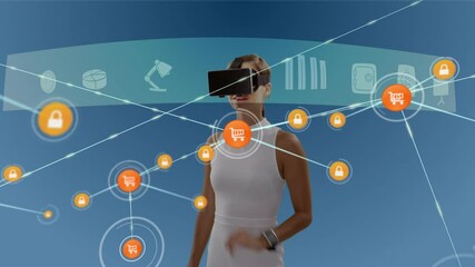 Poster - Animation of network of connections with icons over businesswoman wearing vr headset