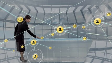 Poster - animation of network of connections with icons over businesswoman using interactive screen