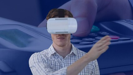 Poster - Animation of businessman wearing vr headset touching virtual screen over payment terminal