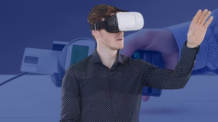 Poster - Animation of businessman wearing vr headset touching virtual screen over payment terminal