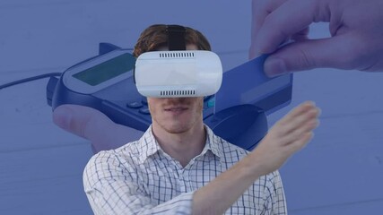 Poster - Animation of businessman wearing vr headset touching virtual screen over payment terminal