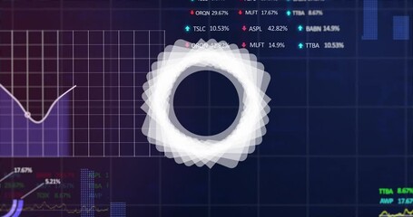 Poster - Abstract geometric shape spinning over stock market and financial data processing on blue background