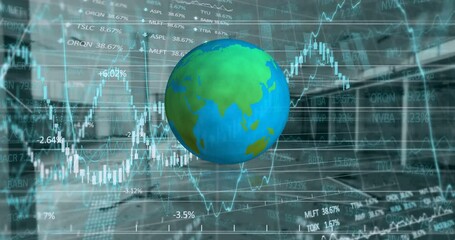 Poster - Spinning globe icon over stock market and financial data processing against empty office