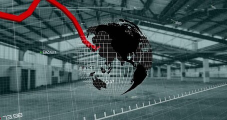 Poster - Spinning globe icon and red graph moving over financial data processinggainst empty office
