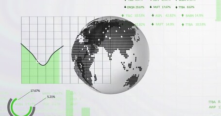 Poster - Spinning globe icon and stock market and financial data processing against white background