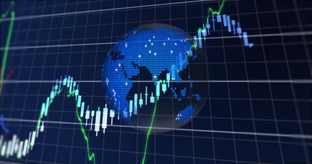 Poster - Financial data processing over grid network against spinning globe icon on blue background