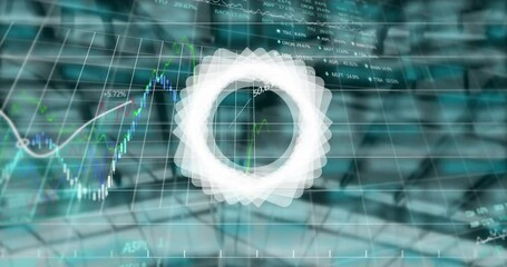 Poster - Abstract geometric shape over stock market and financial data processing gainst empty office