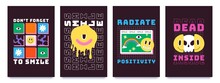 T-shirt Design With Psychedelic Smiley Faces, Graffiti Art. Melting Emoji With Skull, Rainbow And Slogan. Cool 70s Groovy Prints Vector Set