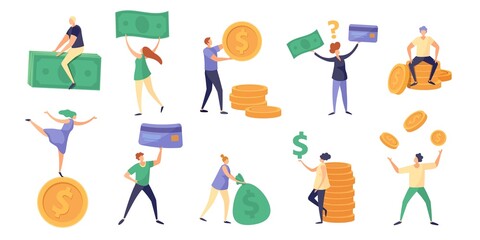 Wall Mural - Tiny characters hold money bill, coin and salary. Cartoon rich people with currency. Finance debts, savings and investing concept vector set