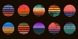 © Tartila - Retro 90s abstract ocean sunset circle badges. Surf beach graphic sunrise with gradient and grunge texture. Neon vintage sunset vector set