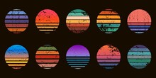 Retro 90s Abstract Ocean Sunset Circle Badges. Surf Beach Graphic Sunrise With Gradient And Grunge Texture. Neon Vintage Sunset Vector Set
